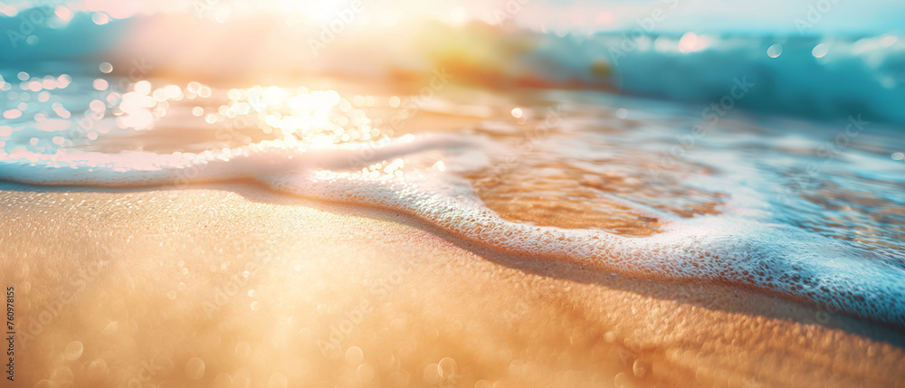 Sunlight glitters on the ocean waves and sandy beach, creating a sparkling effect. - obrazy, fototapety, plakaty 