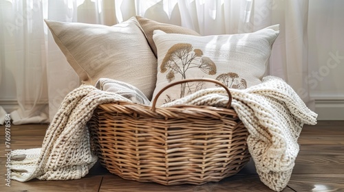 Throw Pillows and a Cozy Blanket Artfully Stored in a Wicker Basket, Resting on a Dark Brown Wooden Floor