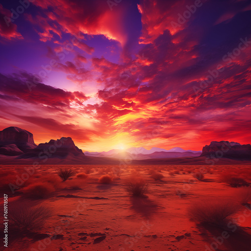 A beautiful sunset over a desert landscape with mountains in the background