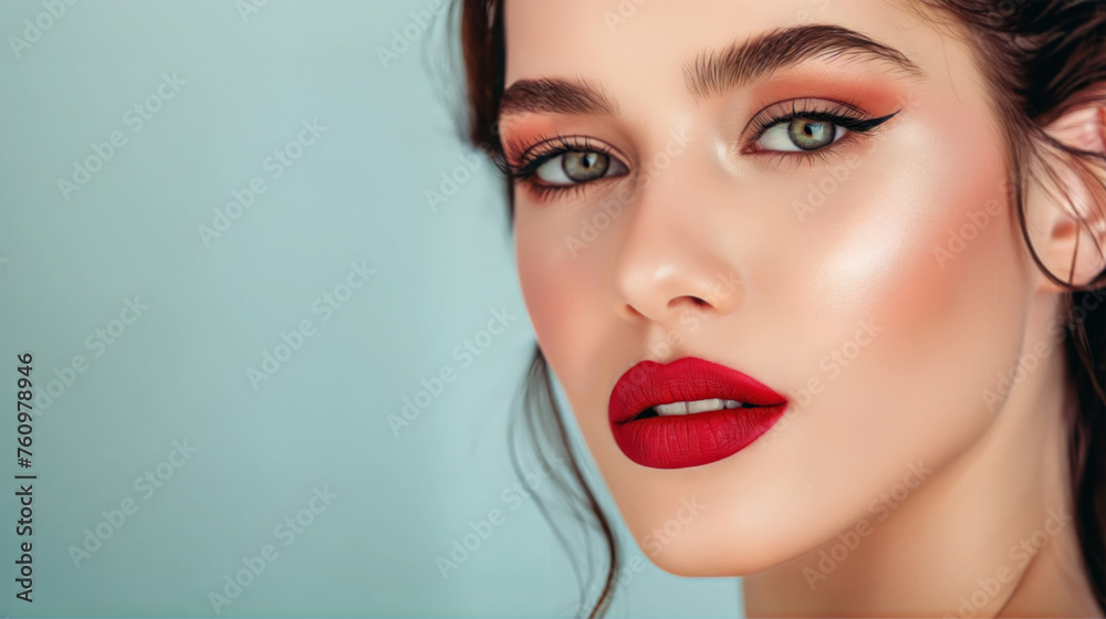 A close-up portrait of a woman with striking makeup, showcasing vibrant red lips and detailed eye makeup against a soft blue background. A close-up portrait of a woman with striking makeup, showcasing vibrant red lips and detailed eye makeup against a soft blue background.