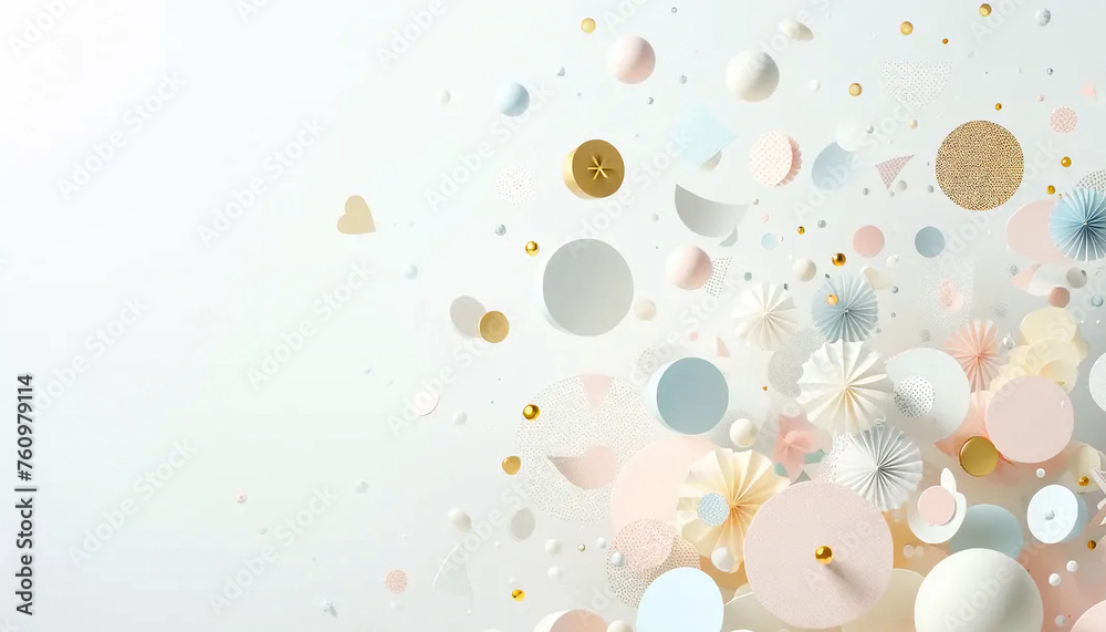 Fototapeta premium Large pastel confetti falling on a white background with white space wallpaper background