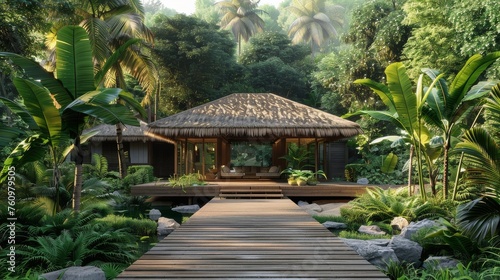 3D Blender eco-friendly wellness lodge in the jungle natural setting