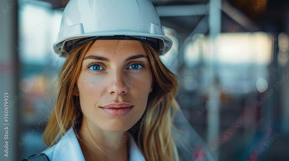 Close-up portrait of a woman engineer in a hard hat with a focused expression