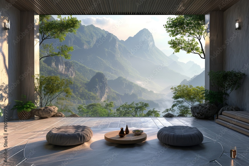 3D Blender meditation space overlooking mountains peaceful vibe - obrazy, fototapety, plakaty 