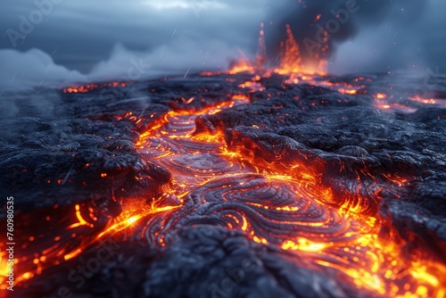 3D Blender scene of a volcanic hike lava flows