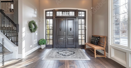 A Magnificent Home Entrance Boasting a Gray Door, Delicate Sidelights, and an Enormous Transom Window photo