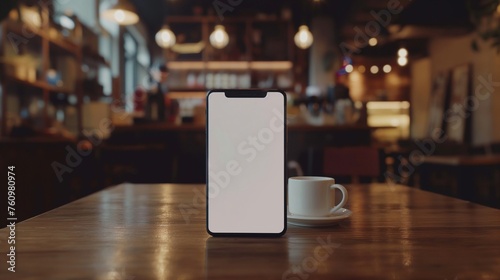 Detailed and lifelike image of a cell phone white screen mockup in a coffee shop, offering a clean canvas for digital presentations.