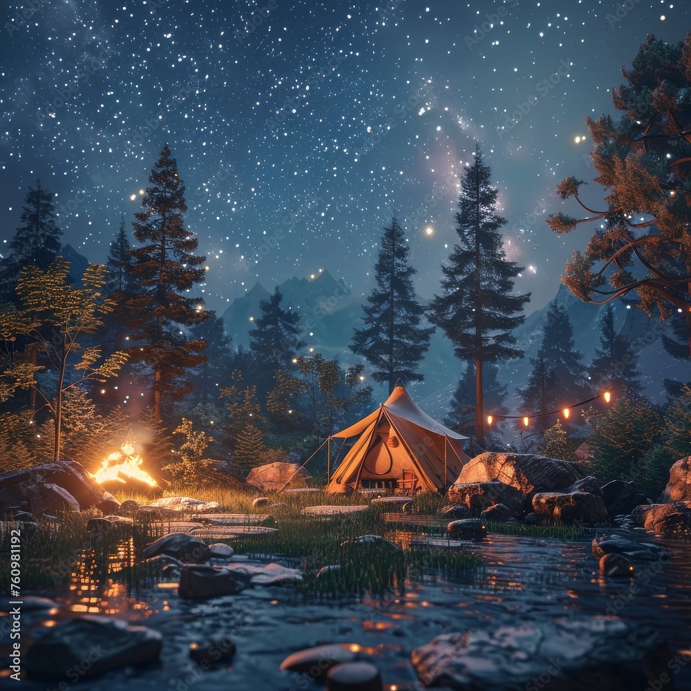 Blender 3D camping scene at night under the stars cozy fire