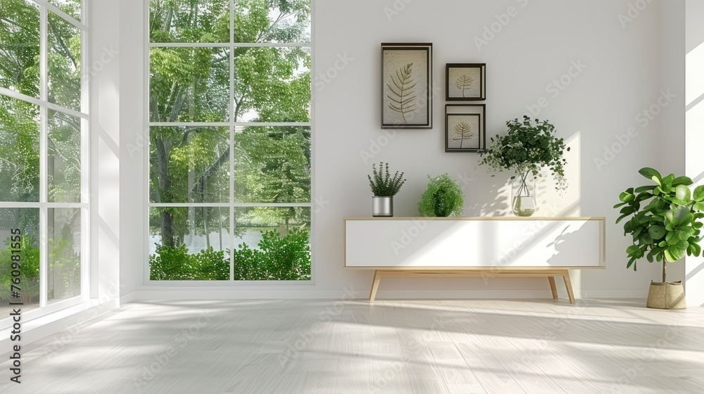 Fototapeta premium The Harmonious Blend of a White Room, Functional Shelving, and Serene Landscape Through the Window in Scandinavian Style