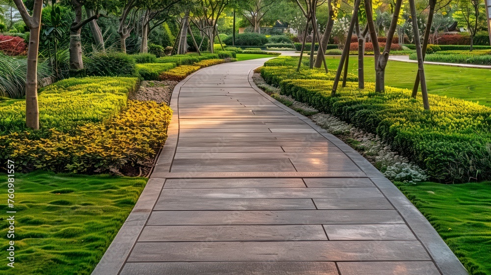 Obraz premium The Tranquil Beauty of a Square-Framed Paved Pathway Through a Pristinely Landscaped Garden