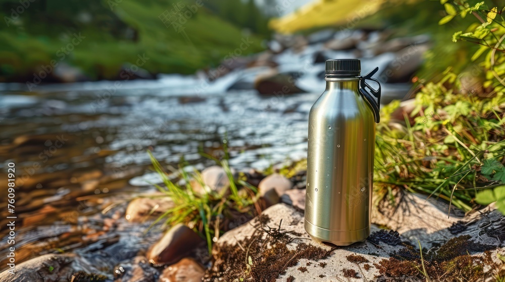 Capturing the Solitude of a Steel Camping Bottle on a Stone by the Rushing River Capturing the Solitude of a Steel Camping Bottle on a Stone by the Rushing River