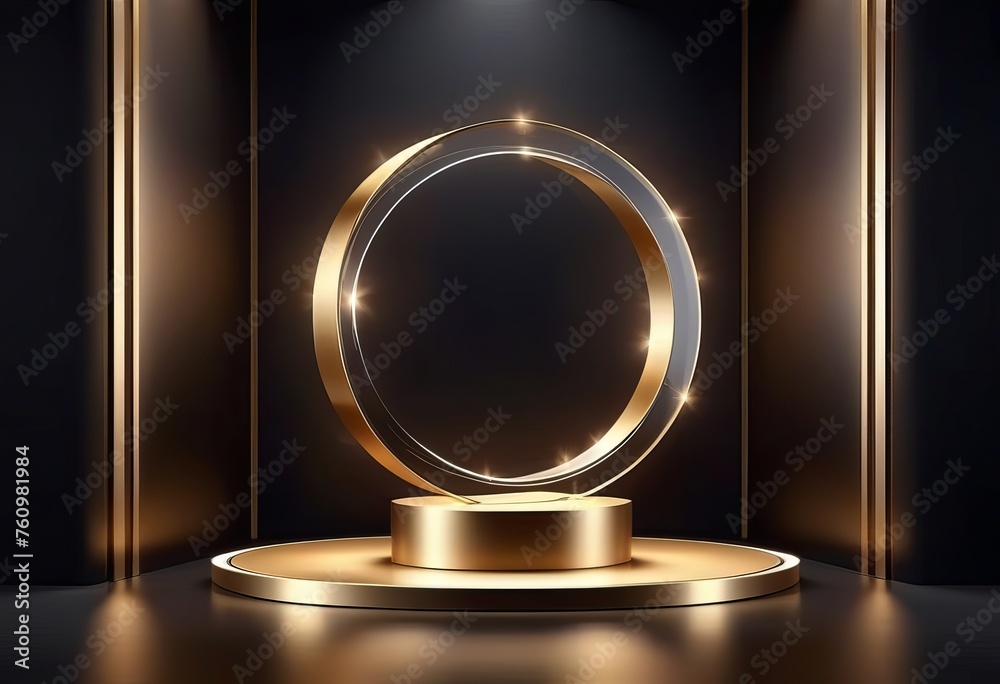 3D realistic studio room luxury minimal style shiny golden metallic podium stand with circle