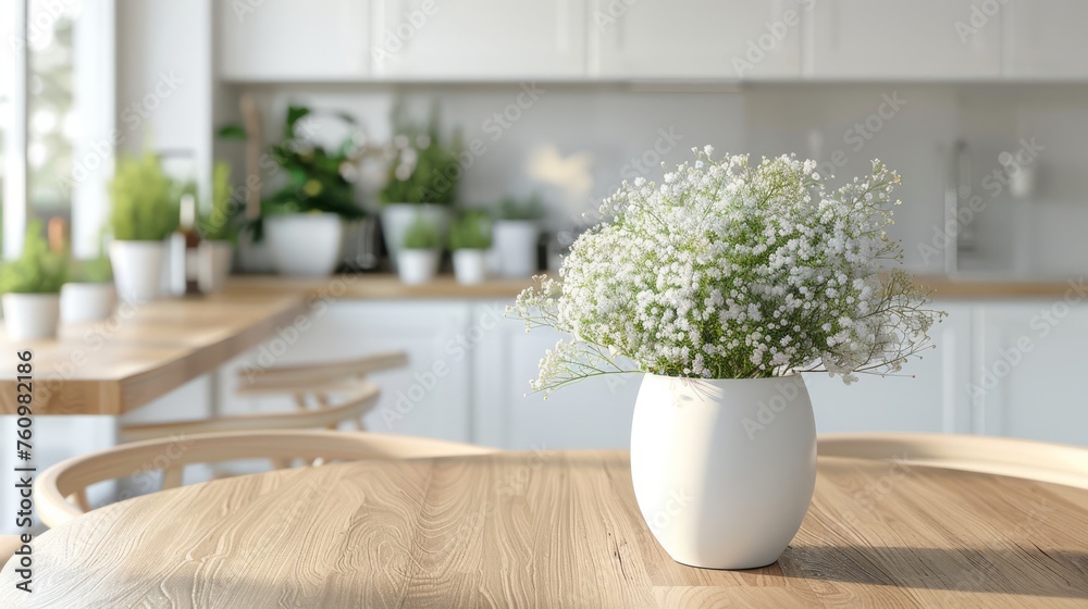 Scandinavian style dining area with gypsophila centerpiece in bright sunlight