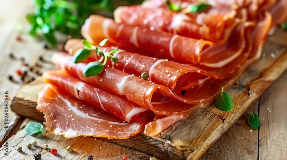 A Timeless Presentation of Cured Ham Slices on the Classic Backdrop of a Wooden Table