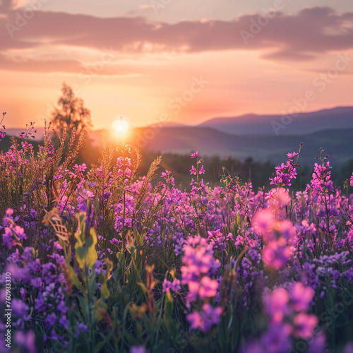 Serene landscape with a field of purple flowers