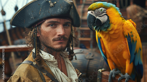 Young man in a pirate-inspired outfit standing on a ship deck backdrop photo