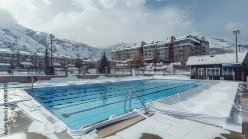 The Stark Beauty of a Plastic-Covered Swimming Pool with Snowy Houses and a Mountain in the Distance © Godam