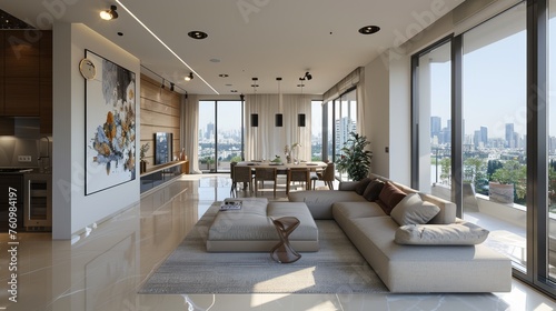 Spacious and modern urban loft living room with stunning cityscape views © lemoncraft