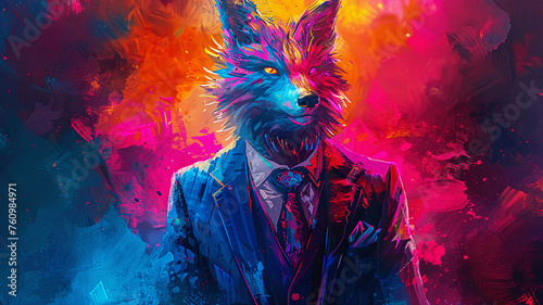 watercolor Neon-lit whimsical beast in suit Bitcoins magical realm