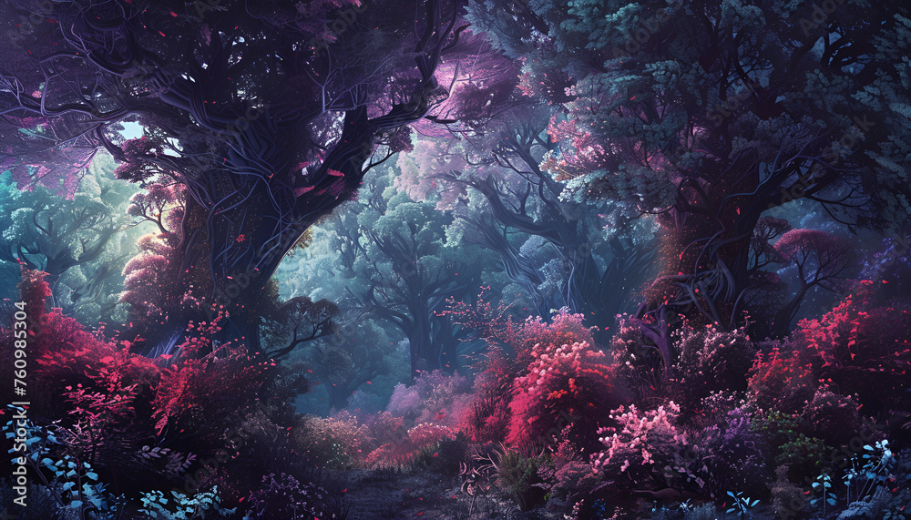 scene with space, Deep forest. fantasy backdrop. concept art. realistic illustration. video game digital cg artwork - obrazy, fototapety, plakaty 