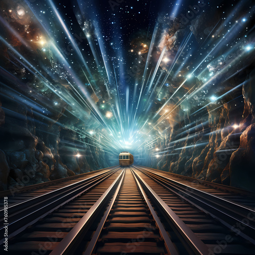 A surreal train traveling through a tunnel of light