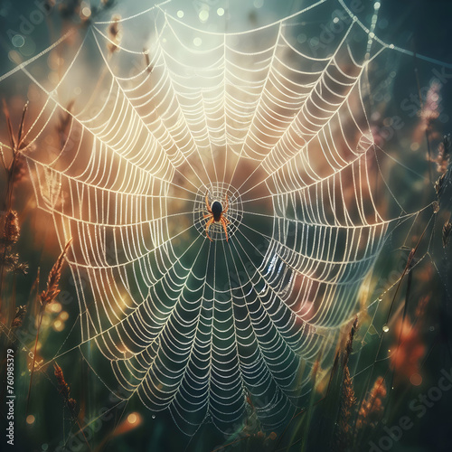 spider web in the morning web, spider, dew, nature, cobweb, net, water, morning, insect, spiderweb, trap, pattern, drops, drop, macro, Ai generated 
