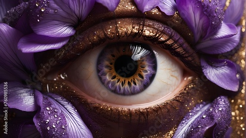 Imagine a stunning photograph of a pair of eyes, with a focus so intense that it feels like they are staring right into your soul. The purple iris stands out against the brown skin, and the subtle gli photo