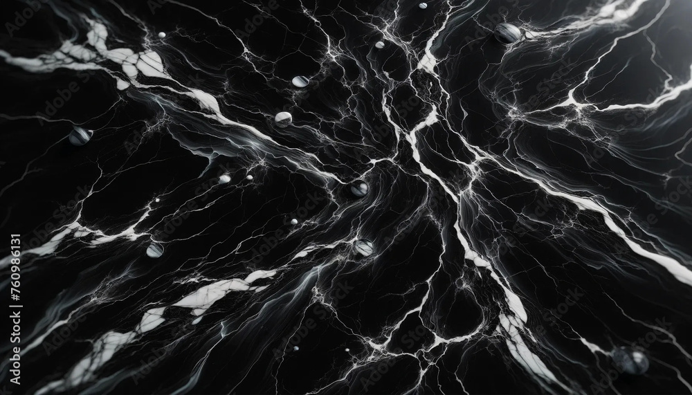 A black marble surface, characterized by its rich, glossy sheen and adorned with a network of intricate white veins A black marble surface, characterized by its rich, glossy sheen and adorned with a network of intricate white veins
