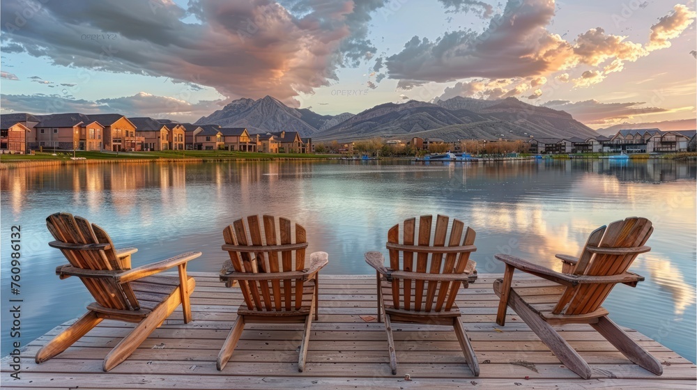 The Idyllic Setting of Wooden Chairs on a Dock Against the Backdrop of a Mountain Range and Sunset Clouds