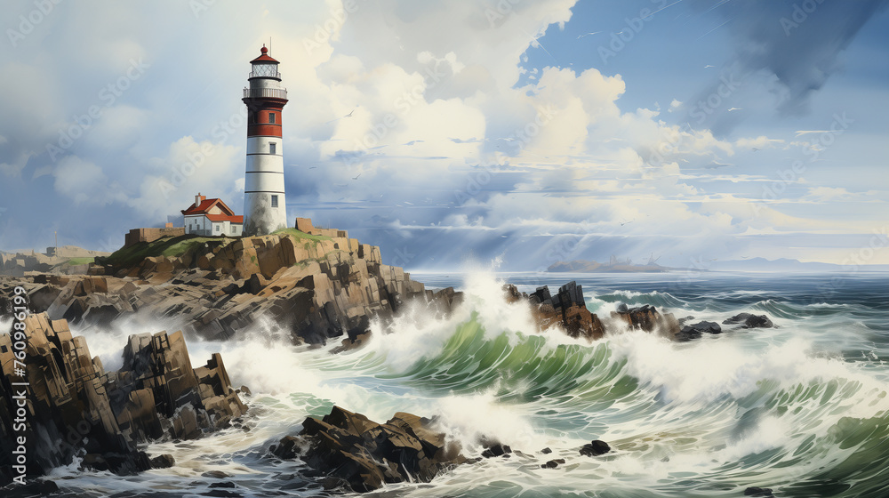 A watercolor illustration portrays a majestic lighthouse standing firm on a rocky cliff, with powerful waves crashing against the shore under a dynamic sky.