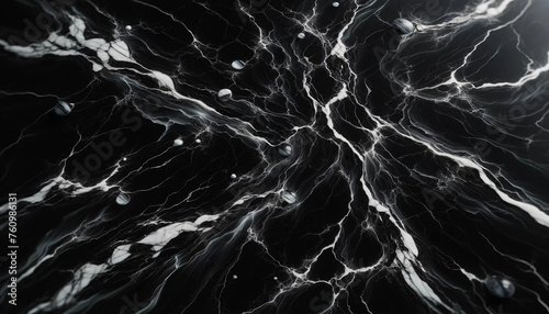 A black marble surface, characterized by its rich, glossy sheen and adorned with a network of intricate white veins