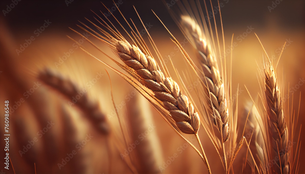 Golden wheat ears growing up in a farm field. Isolated young textured wheat. Blurred background. Generative AI Golden wheat ears growing up in a farm field. Isolated young textured wheat. Blurred background. Generative AI
