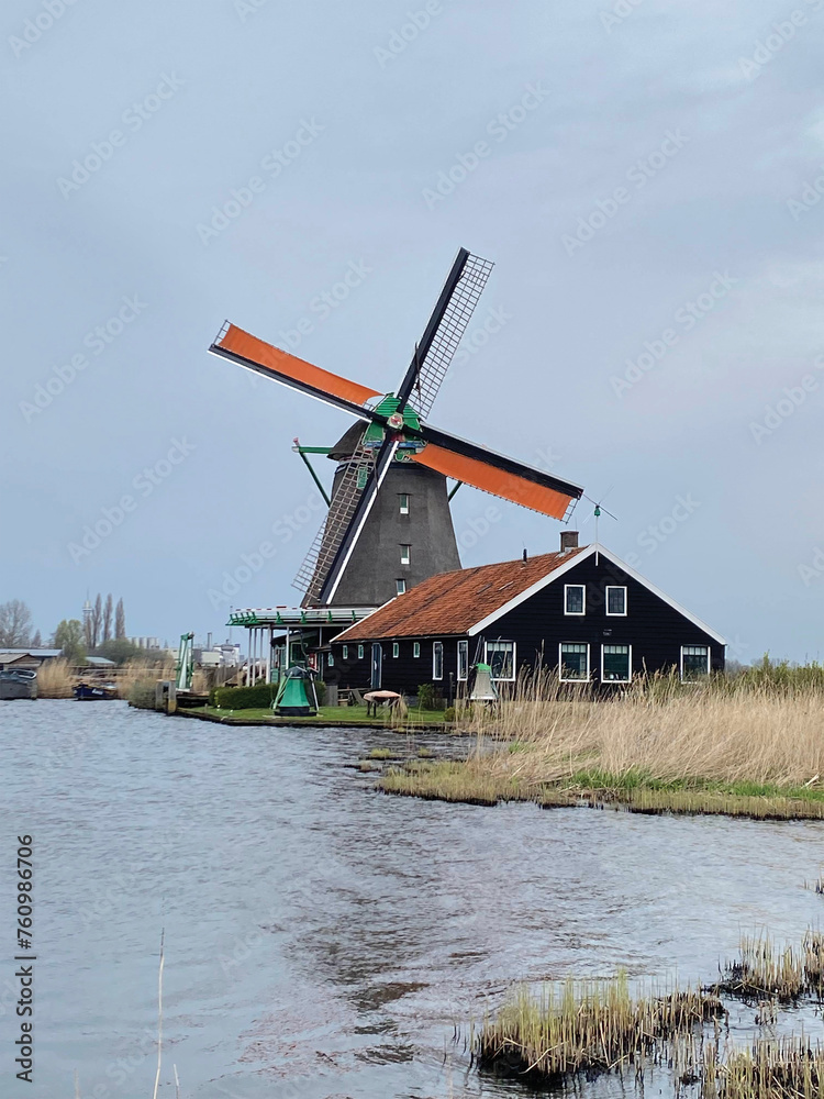 Beautiful windmills in Zaanse Schans in the Netherlands