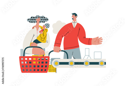 Mutual Support: Skip ahead in line -modern flat vector concept illustration of man letting woman with child go ahead in shop checkout line A metaphor of voluntary, collaborative exchanges of services