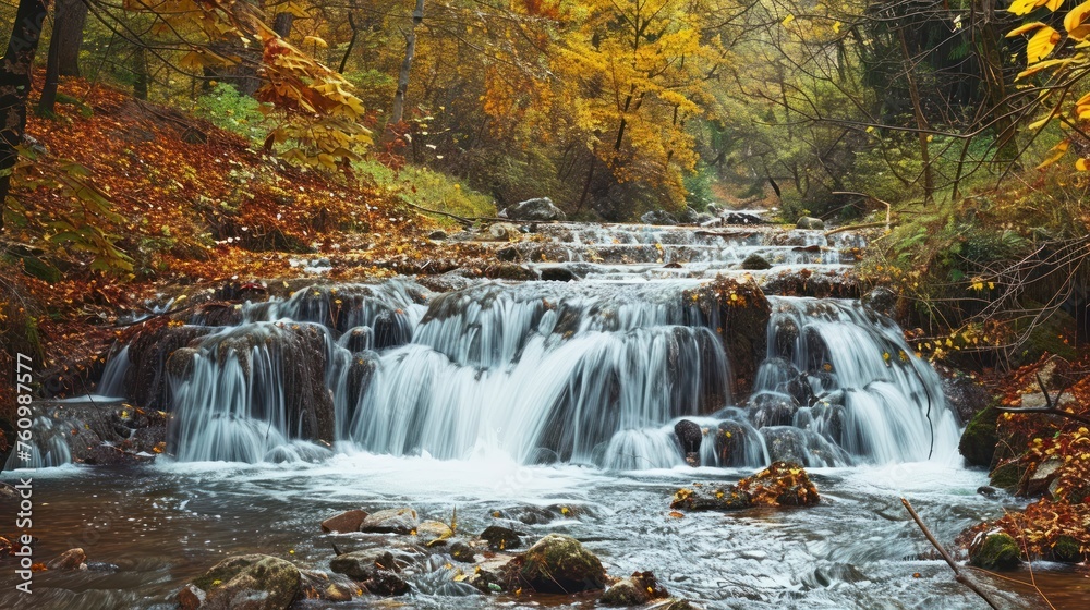 Obraz premium The Splendid View of a Waterfall in the Heart of a Forest Dressed in Autumn Colors