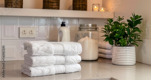 The Serene Setting of a Laundry Room Adorned with Vibrant Indoor Plants, Soft Folded Towels, and Powder Soap