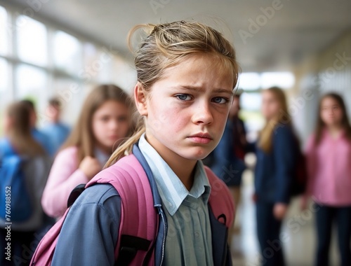 Bullied girl against an out of focus group of school students 