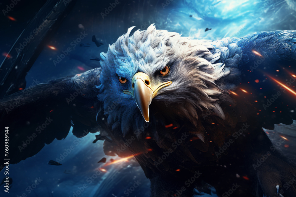 Fototapeta premium Ruler of the Skies: Majestic Eagle Soaring Amidst the Fury of a Thunderstorm