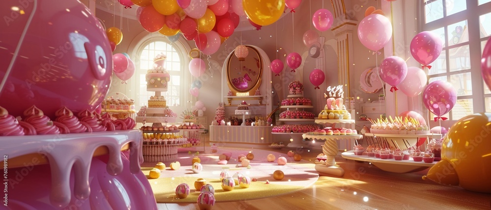 A A whimsical party room filled with floating balloons sweets scattered across the floor