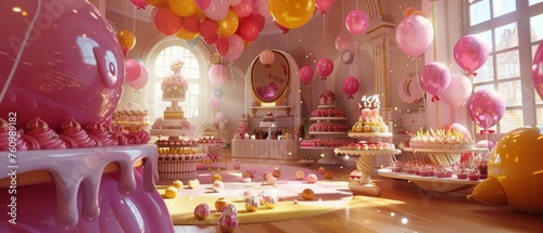 A A whimsical party room filled with floating balloons sweets scattered across the floor photo
