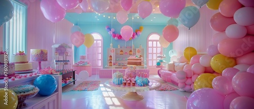 A A whimsical party room filled with floating balloons sweets scattered across the floor