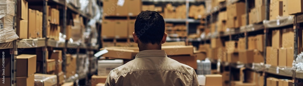 A diligent employee in a beige shirt packs orders amidst a sea of brown boxes in a warehouse. A diligent employee in a beige shirt packs orders amidst a sea of brown boxes in a warehouse.