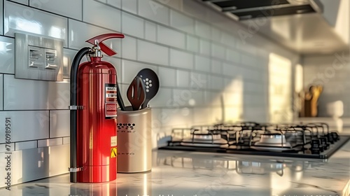 A Kitchen Interior Balancing Aesthetic and Safety with a Fire Extinguisher Beside a Cooking Unit on a White Countertop