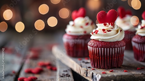 A Red velvet cupcakes with creamy frosting and heart-shaped toppers on a rustic wooden table photo