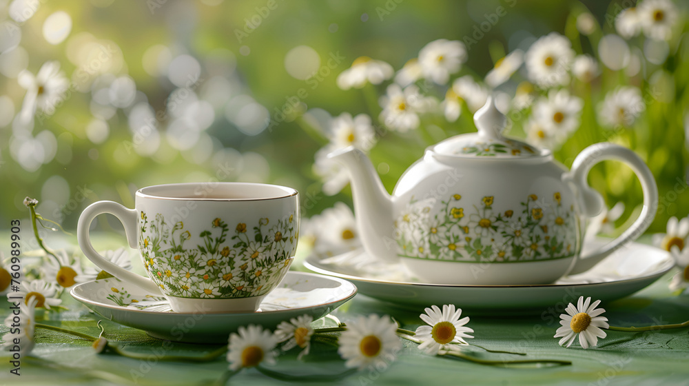 Cup and teapot on green table with scrumptious camomile beverage Cup and teapot on green table with scrumptious camomile beverage