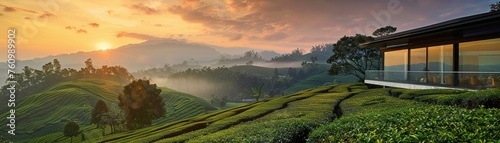 A Sunset colors wash over a tea plantation