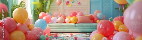 A vibrant and joyful party room filled with an abundance of colorful balloons and a cozy pastel-colored sofa. photo