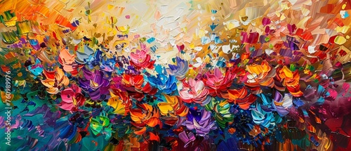 A vibrant abstract oil painting displaying a burst of colorful flowers with expressive brush strokes and rich texture.