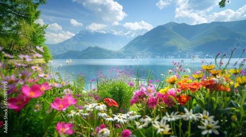 A Vivid garden flowers in full bloom with the serene beauty of a mountainous lake landscape in the background.