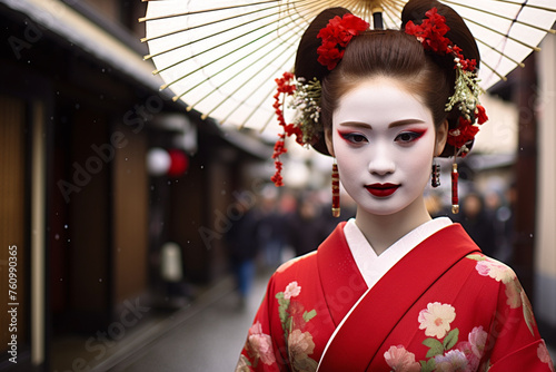 Portrait of a beautiful Maiko in the streets of Japan